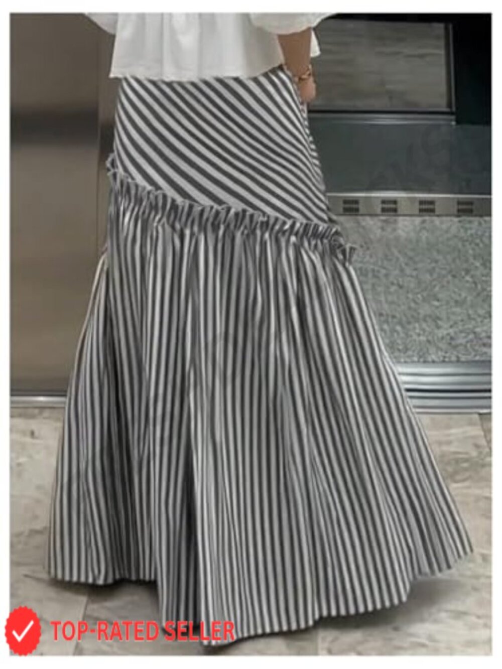 Striped Maxi Skirt with Ruffle Hem Flowy A-Line Boho - Picture 2 of 4